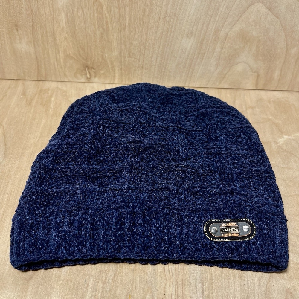 Classic Fashion Chenille Beanie Hat Navy Blue Teddy Lining Warm Men's/ Unisex